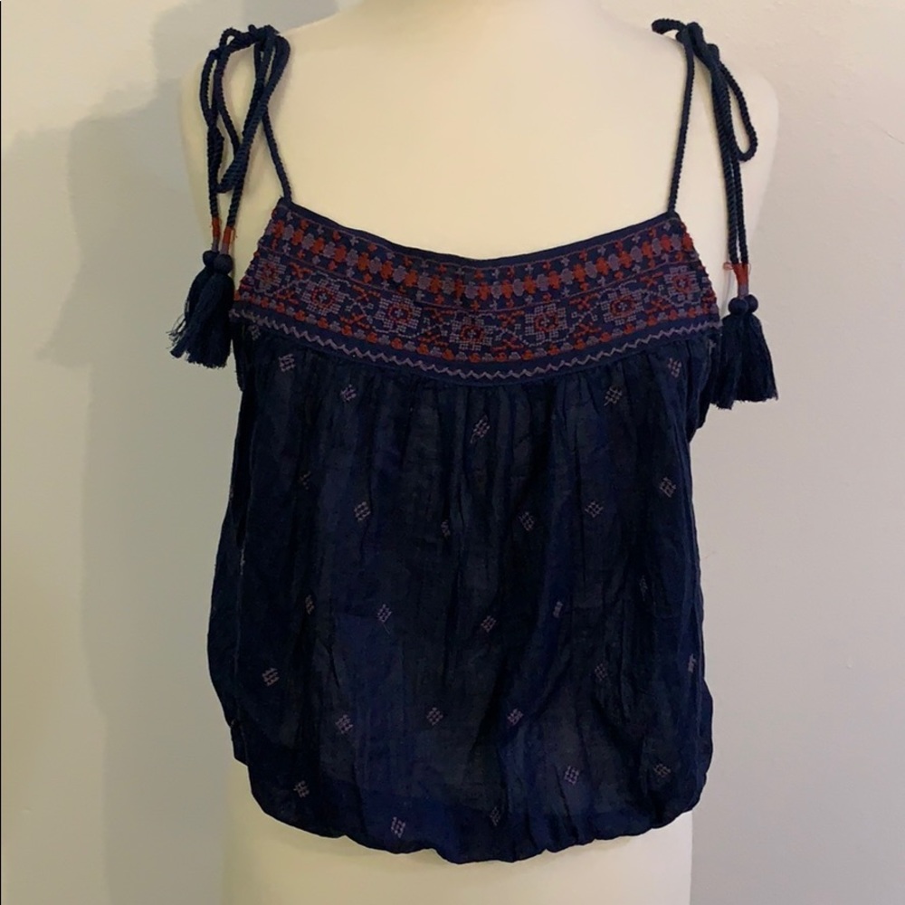 Free People blue with red embroidery blouse